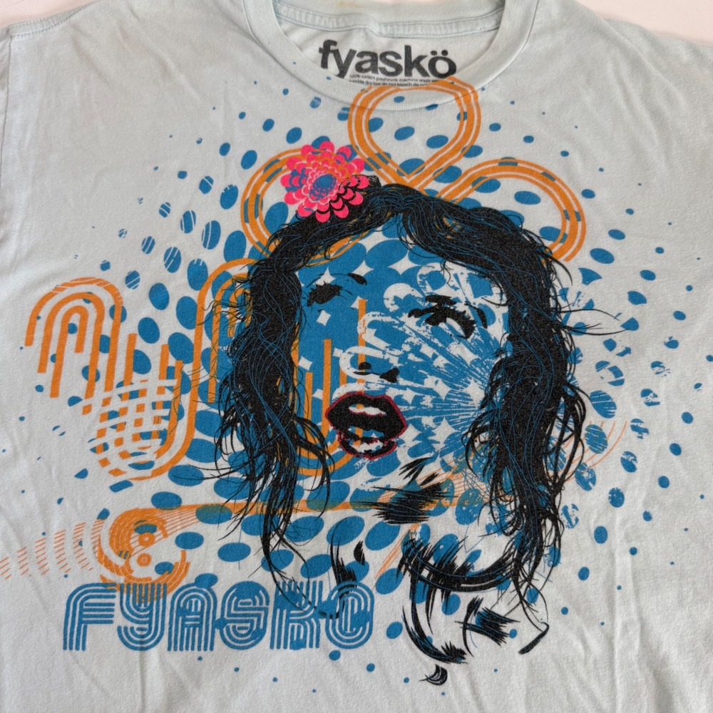 Fyasko Y2K Graphic T Shirt Large Blue Abstract Pop Art Indie Streetwear Tee USA